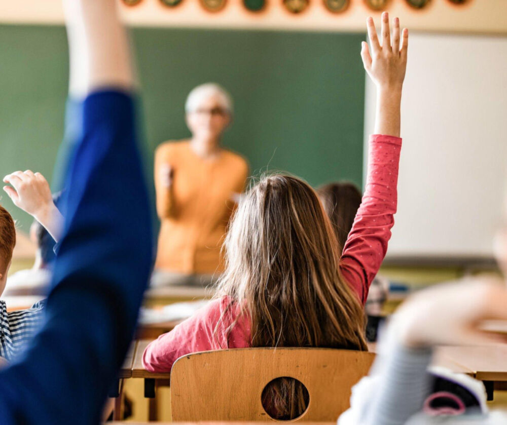 students raising their hands
