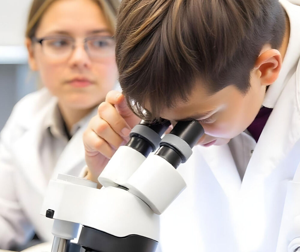 student using microscope