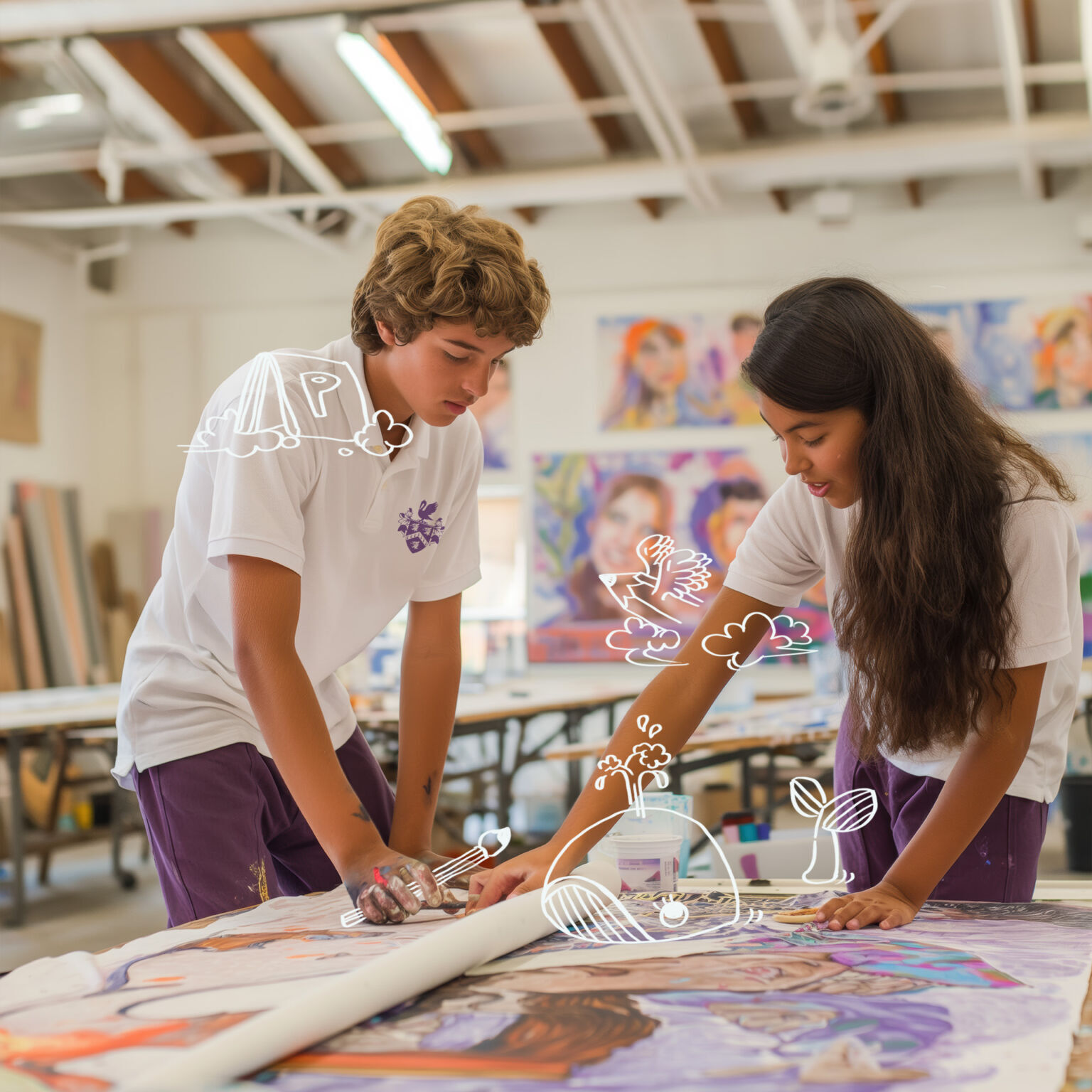 15 years old student, girls and boys, wearing white polo tee and purple pants, making art piece in a big large room -